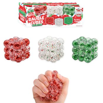 SQUEEZY GLITTER BAUBLE CUBES - MED GLITTER - SETT MED 3 KUBER - MED SUGAR-FYLL - I DISPLAY (6 SETT)