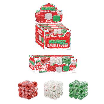 SQUEEZY GLITTER BAUBLE CUBES - MED GLITTER - SETT MED 3 KUBER - MED SUGAR-FYLL - I DISPLAY (6 SETT)