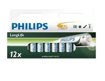 12x BATTERIER "PHILIPS - SUPER HEAVY DUTY" AA - LONGLIFE (12 stk Blister)