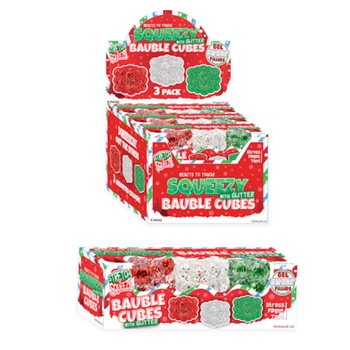 SQUEEZY GLITTER BAUBLE CUBES - MED GLITTER - SETT MED 3 KUBER - MED SUGAR-FYLL - I DISPLAY (6 SETT)