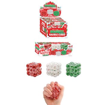 SQUEEZY GLITTER BAUBLE CUBES - MED GLITTER - SETT MED 3 KUBER - MED SUGAR-FYLL - I DISPLAY (6 SETT)