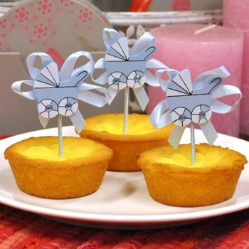 Cupcake-topper til Baby Shower - Blå Barnevogn (12 stk.)
