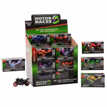 SUPER SPORT MOTORSYKKEL DIE CAST, SKALA 1:24 I DISPLAY (24 stk.)