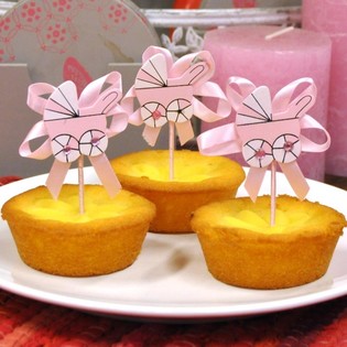 CUPCAKE-PINNER TIL F&Oslash;DSEL - ROSA BARNEVOGN (12 stk.)