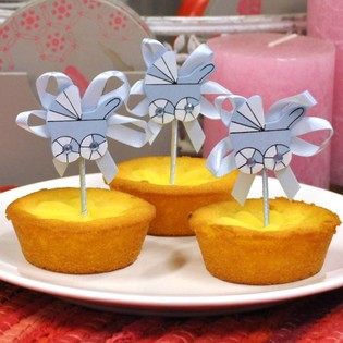 Cupcake-topper til Baby Shower - Bl&aring; Barnevogn (12 stk.)