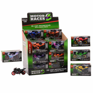 SUPER SPORT MOTORSYKKEL DIE CAST, SKALA 1:24 I DISPLAY (24 stk.)