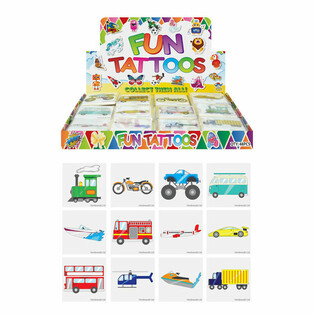 FUN TATTOOS - MODELL: KJØRETØY, Hver pakke 12x Tatoveringer I DISPLAY (48 stk.)