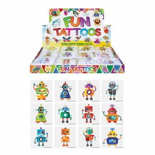 MORSOMME TATOVERINGER - MODELL: ROBOT, Hver pakke har 12x Tatoveringer I DISPLAY (48 stk.)